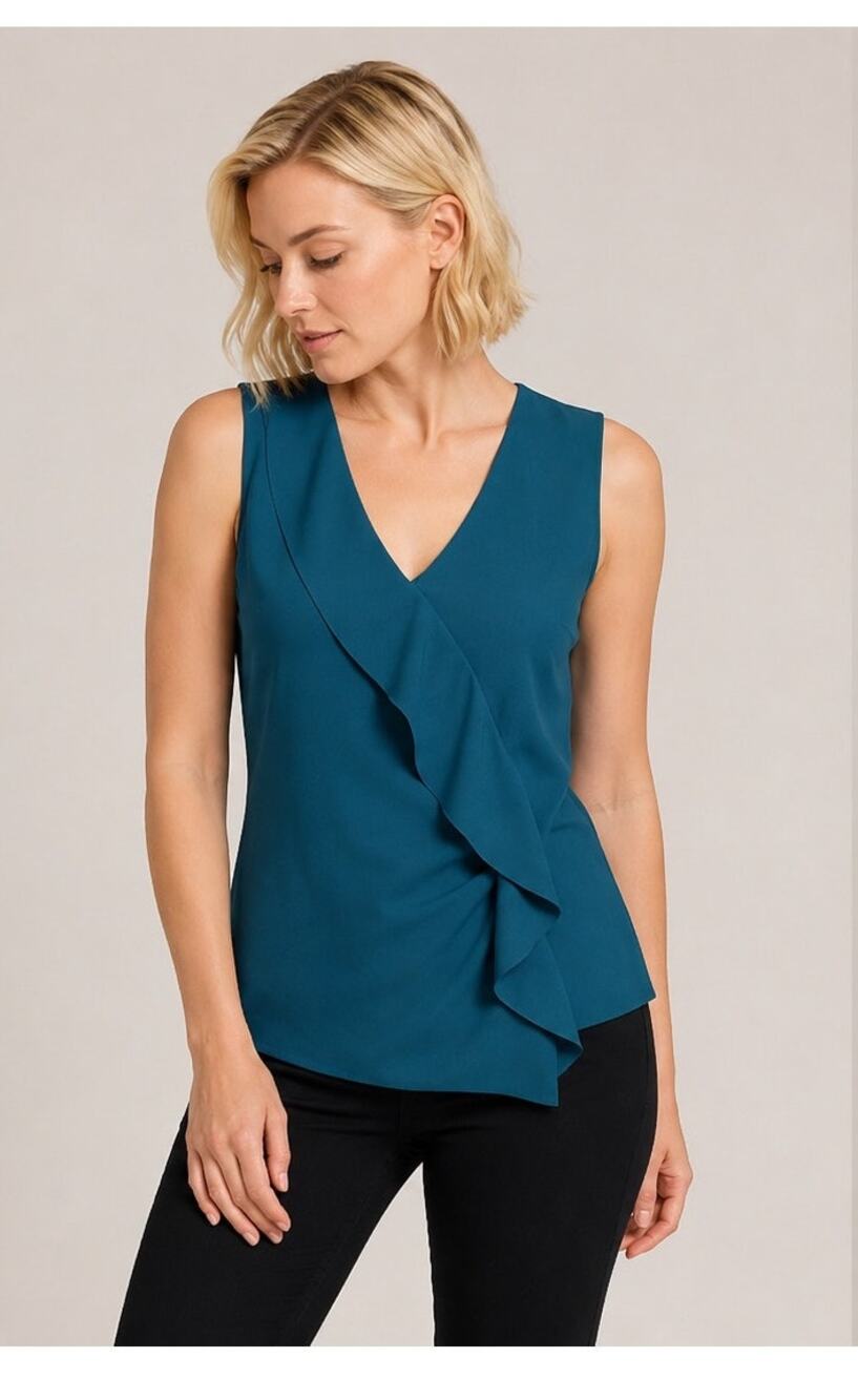 WHITE HOUSE BLACK MARKET Top Ruffle Teal Blue XS Romantic Festival NWT Sleeveles